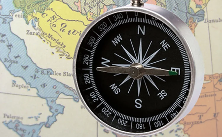 Map of eastern Europe with compass pointing east